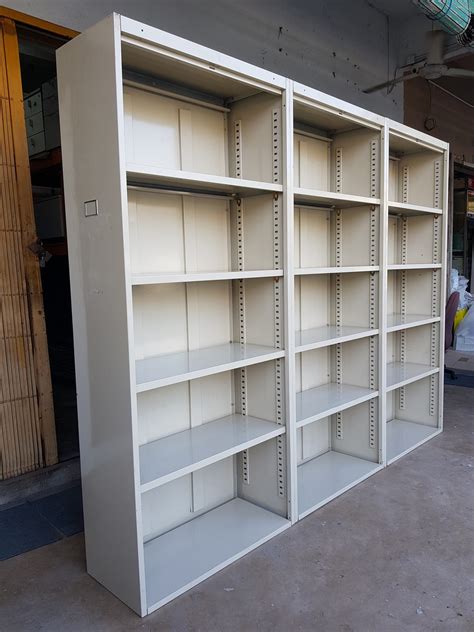 open metal cabinet with shelves